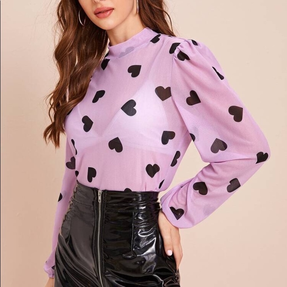 Heart Print Sheer Blouse (Without Bra) - Picture 3 of 6